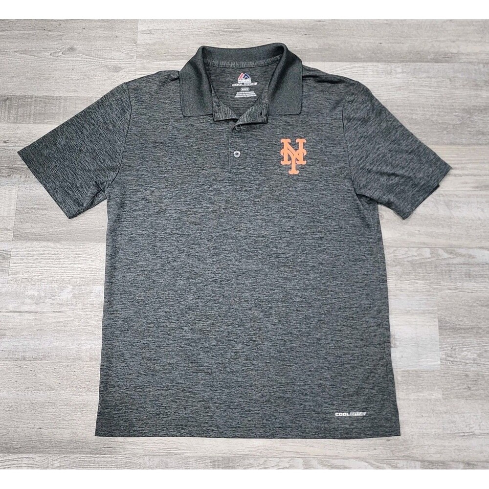 Mets Men's Polo Shirt, Medium Majestic, Short Sleeve, Charcoal Grey, Cool Base